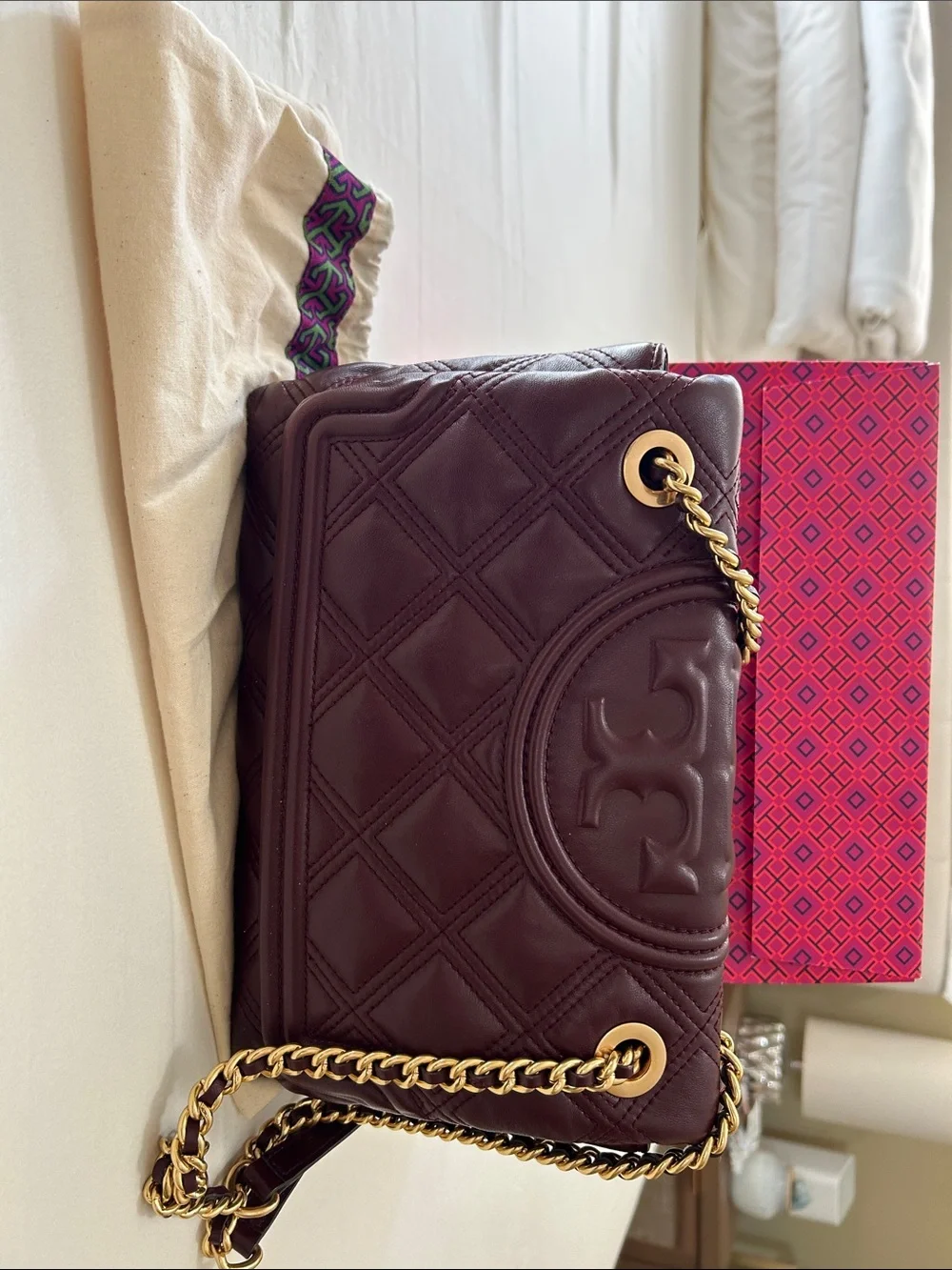 Tory Burch Fleming Quilted Convertible Shoulder Bag in Burgundy with Gold Chain